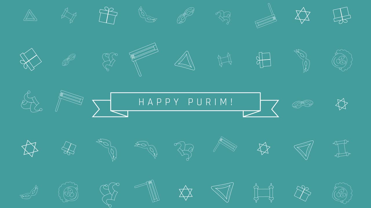 fondo de animación de diseño plano de vacaciones de purim con símbolos de iconos de contorno tradicionales y texto en inglés