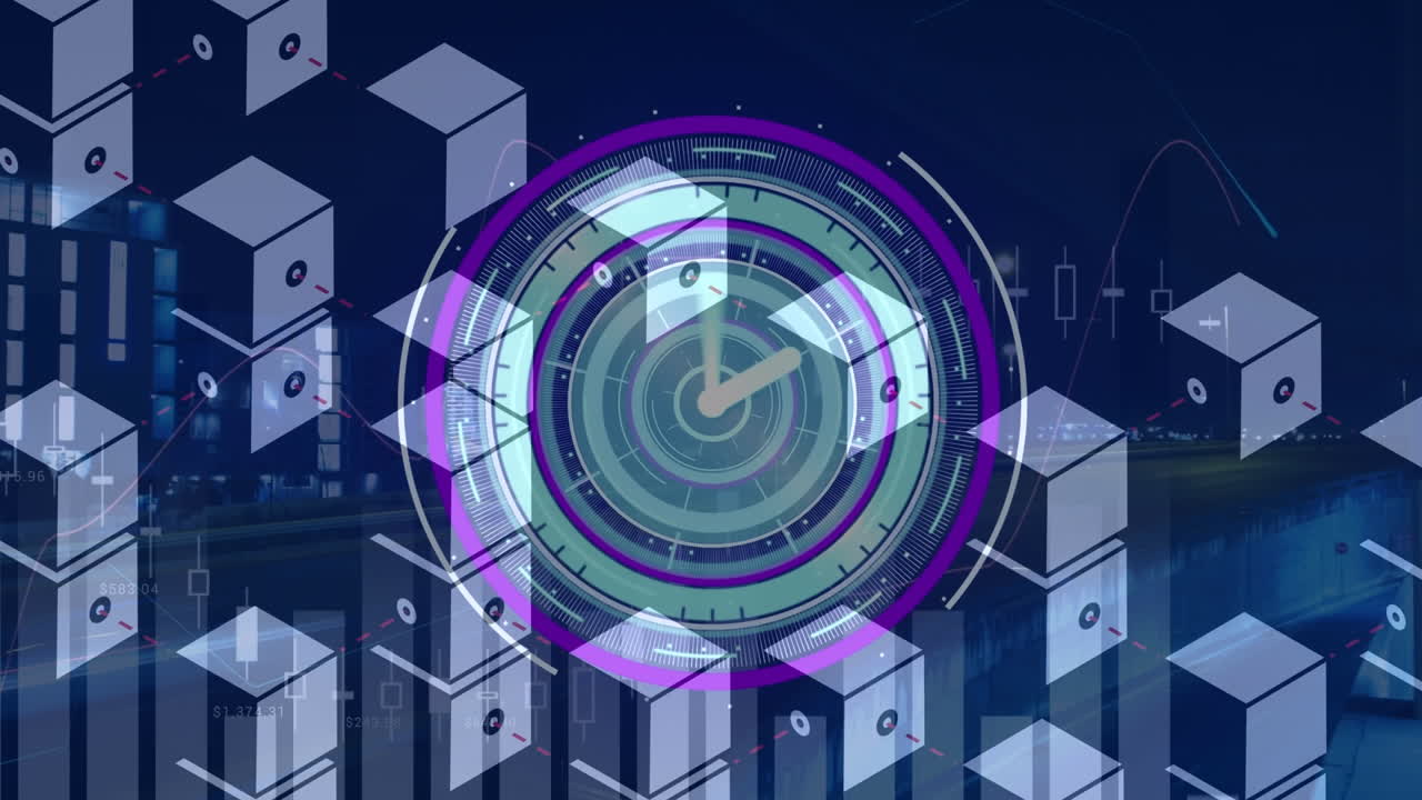 Animation of data processing with clock and cubes over cityscape