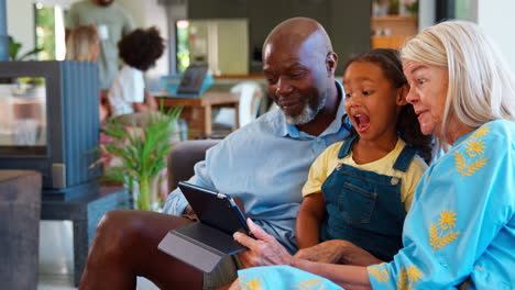 Grandparents-And-Granddaughter-With-Digital-Tablet-Pulling-Funny-Faces-For-Selfie-At-Home