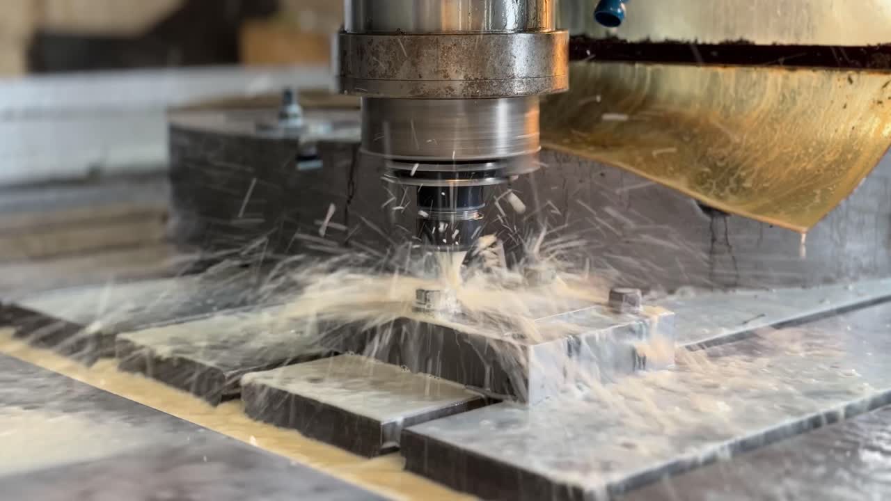 Automated Programmed CNC vertical drilling machine. Process over stainless steel metal piece Industrial Factory 4k. Type C