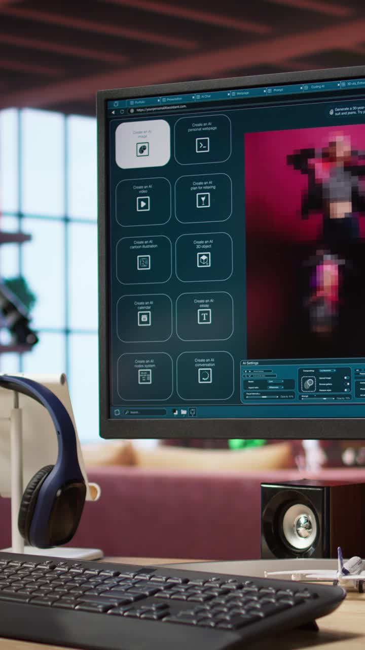 Vertical video Person wearing headphones uses text to image generative models on PC