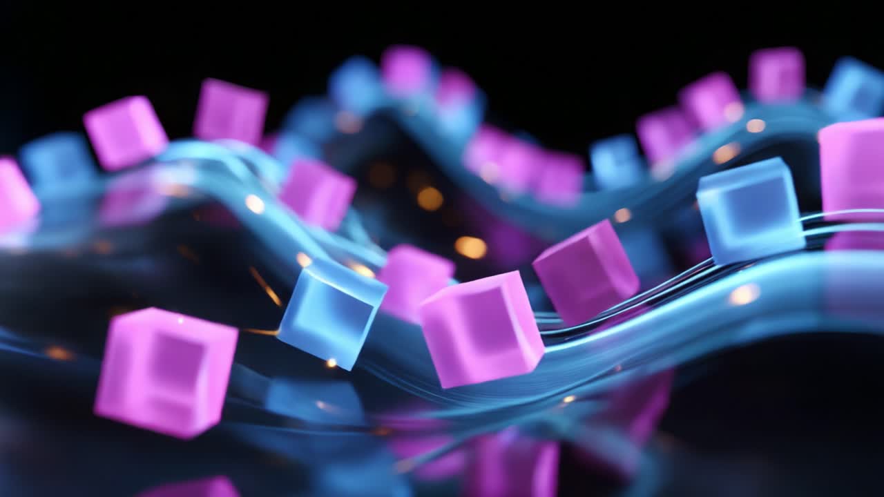 Mesmerizing Waves and Glowing Cubes: A Stunning Visual Journey Through Dynamic Fluid Motion and Vibrant Colors Captured in an Abstract Digital Design, Creating a Captivating Experience for the Viewer