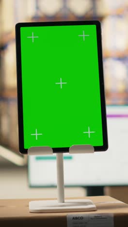 vertical video fulfillment center with chroma key on tablet handling delivery service