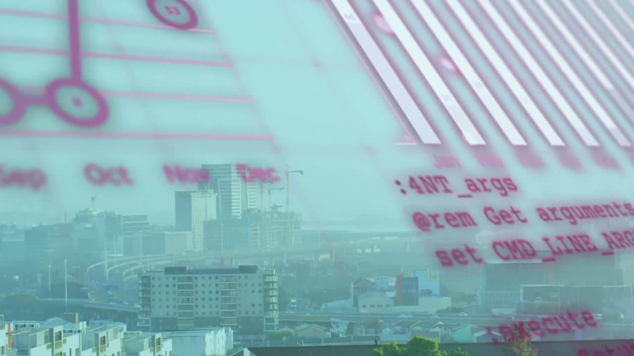 도시 풍경 위의 금융 데이터 처리 애니메이션