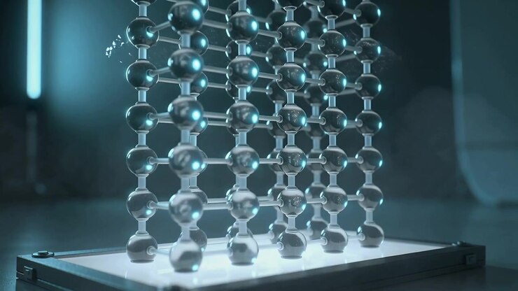 Lightbox pulsing, posts lowering and assembling chrome spheres into cubic lattice in lab with drops