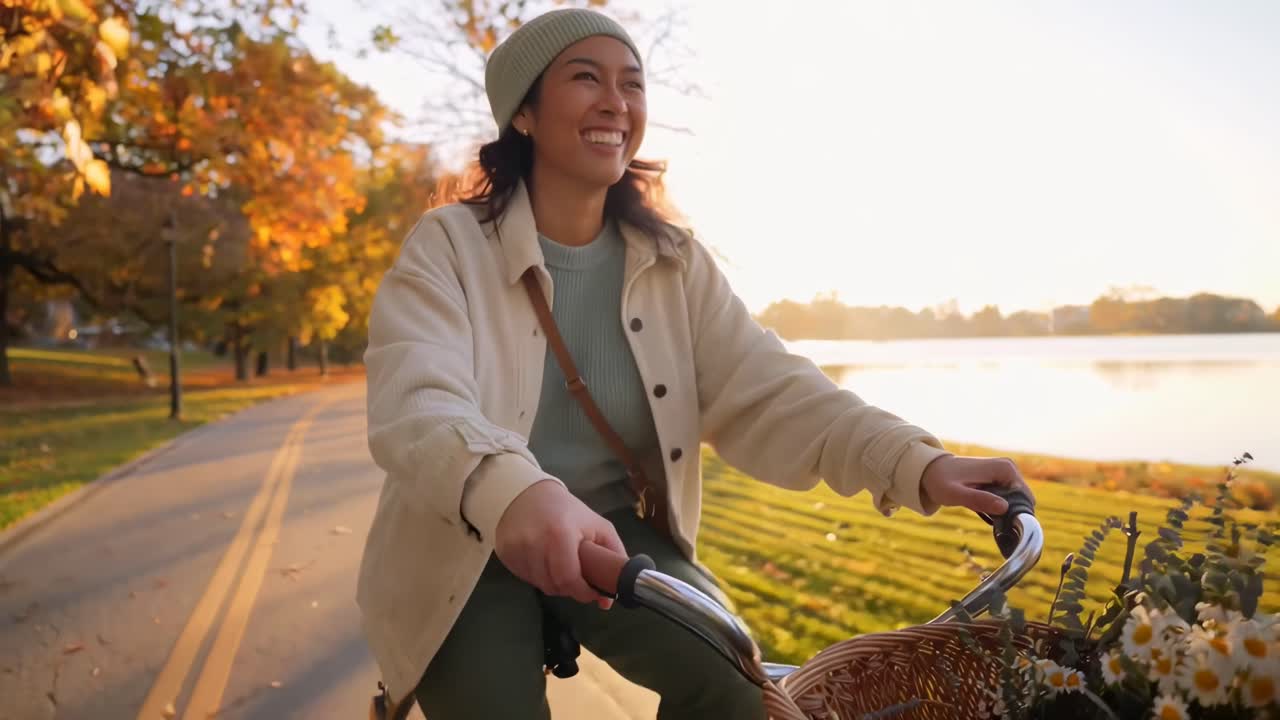 Eine fröhliche Frau, die im Herbst an einem See Fahrrad fährt, aufgenommen aus einem niedrigen Winkel in einem warmen, filmreifen Video