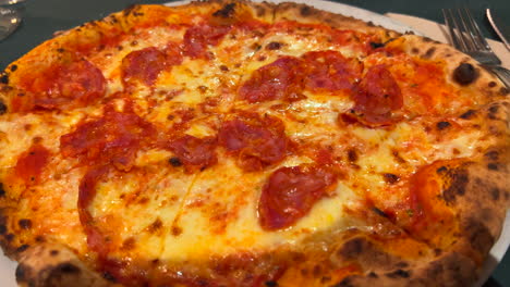 traditional italian spicy pepperoni pizza, perfect crust, real authentic neapolitan pizza, tasty food, 4k shot