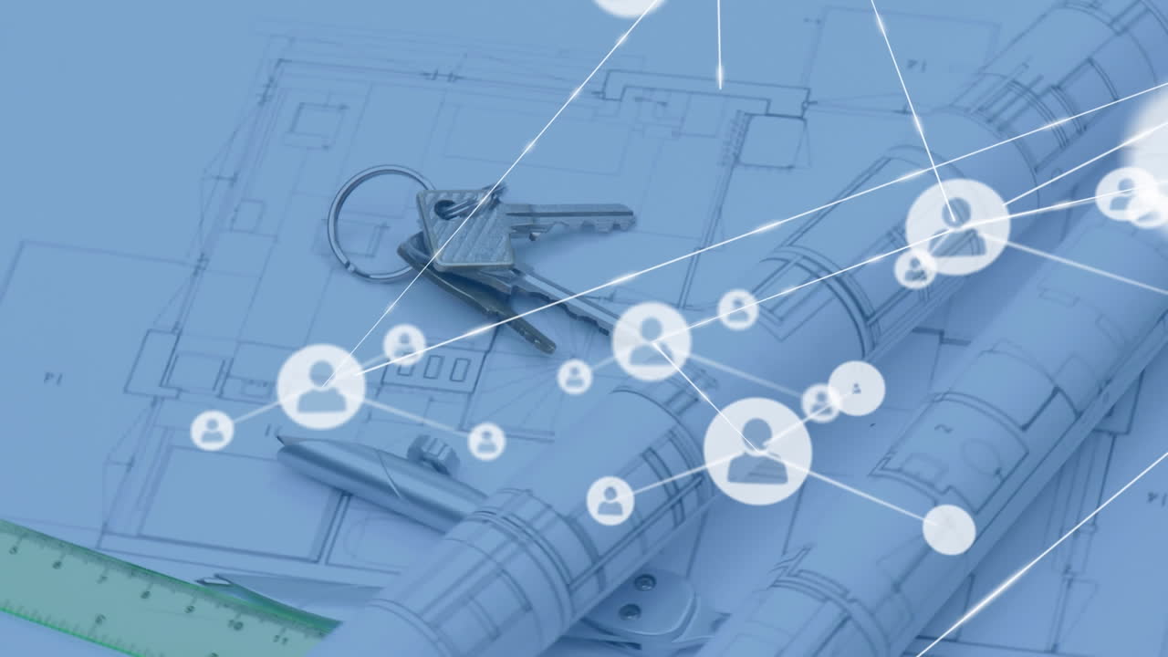 키와 아키텍트 계획에 대한 아이콘을 가진 연결 네트워크의 애니메이션