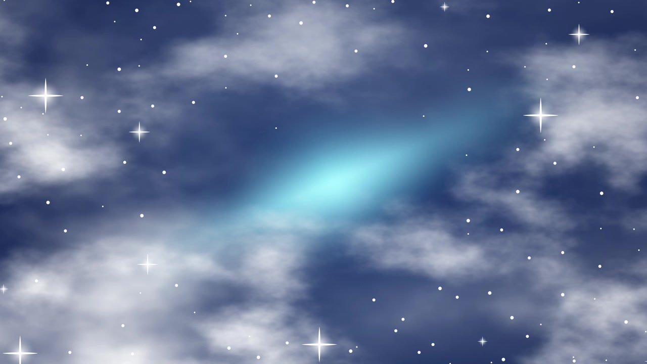 Animated white clouds drift forward through a dark blue starry night sky in seamless loop.