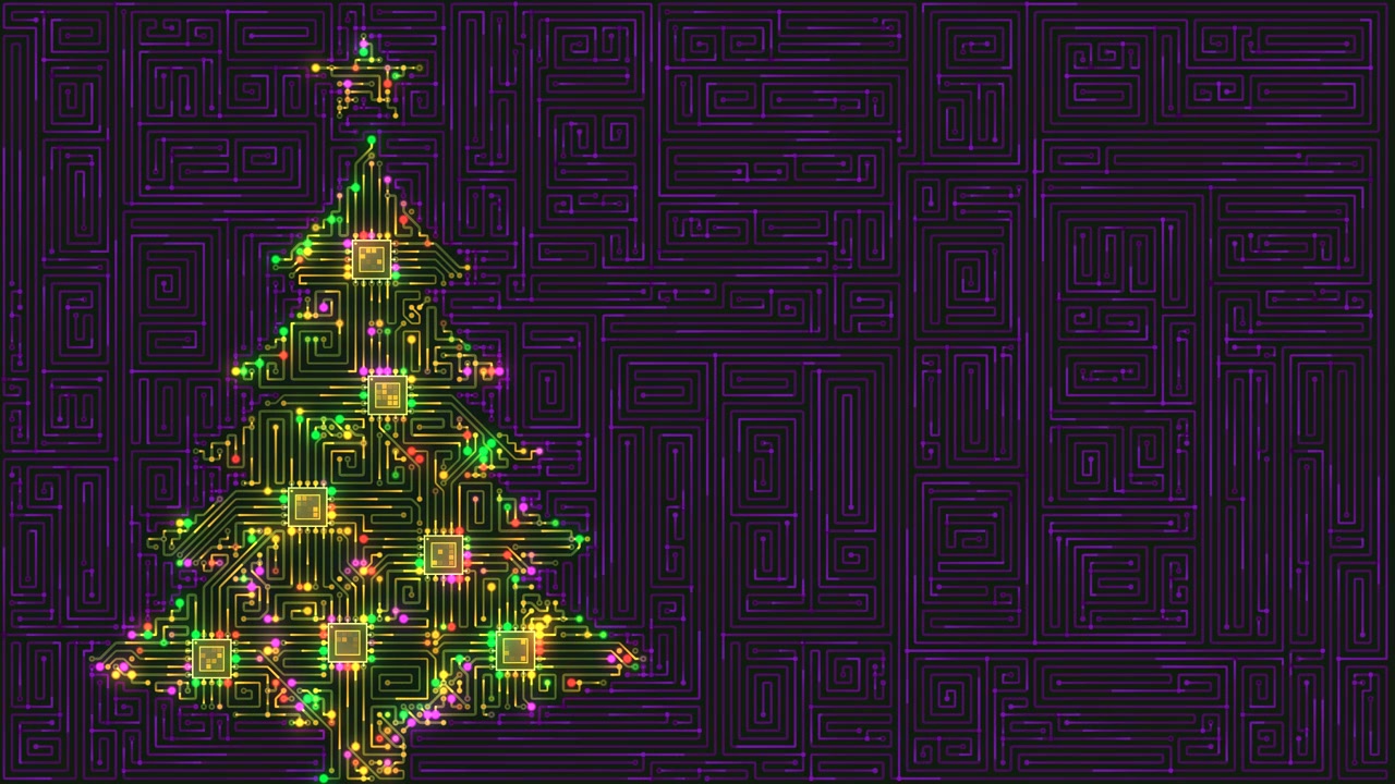Christmas tree made of glowing microchips and circuits for high-tech holiday greetings, loopable festive techonology animation