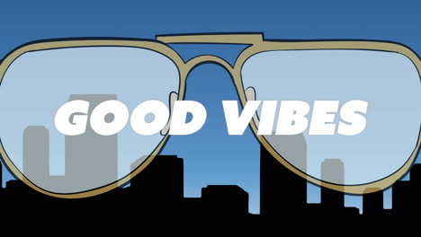 animation of vibes text over glasses and cityscape