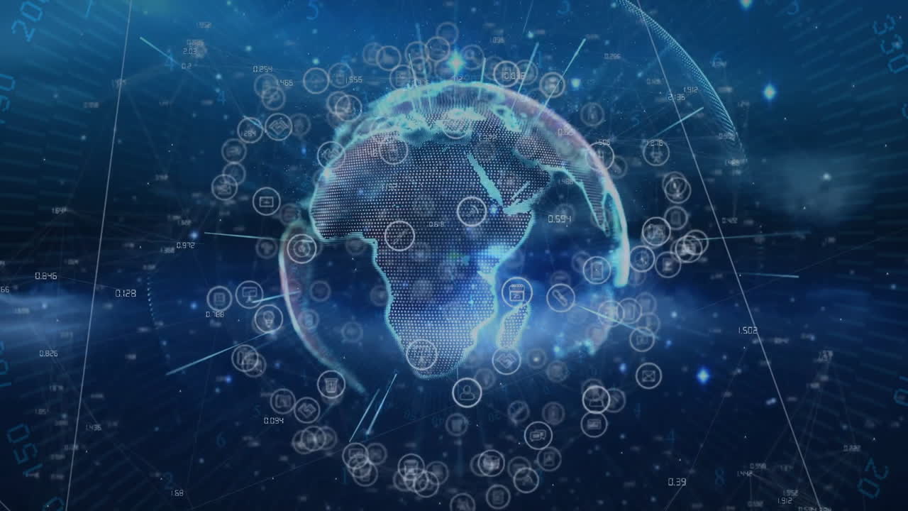 Animation of digital globe with network connections and data points around Earth