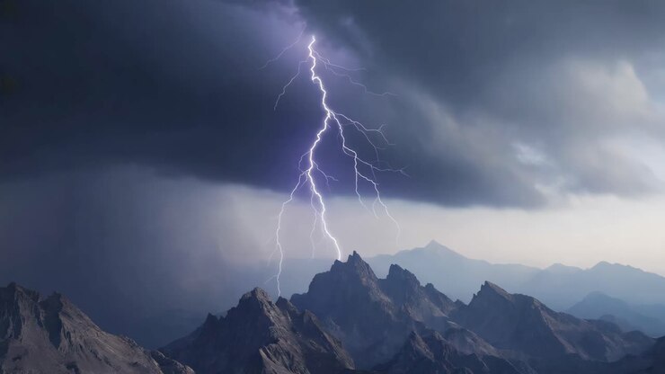 Paesaggio montano drammatico con tempesta e fulmini