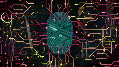 animación de huellas dactilares biométricas, placa de circuitos, procesamiento de datos sobre técnico masculino caucásico