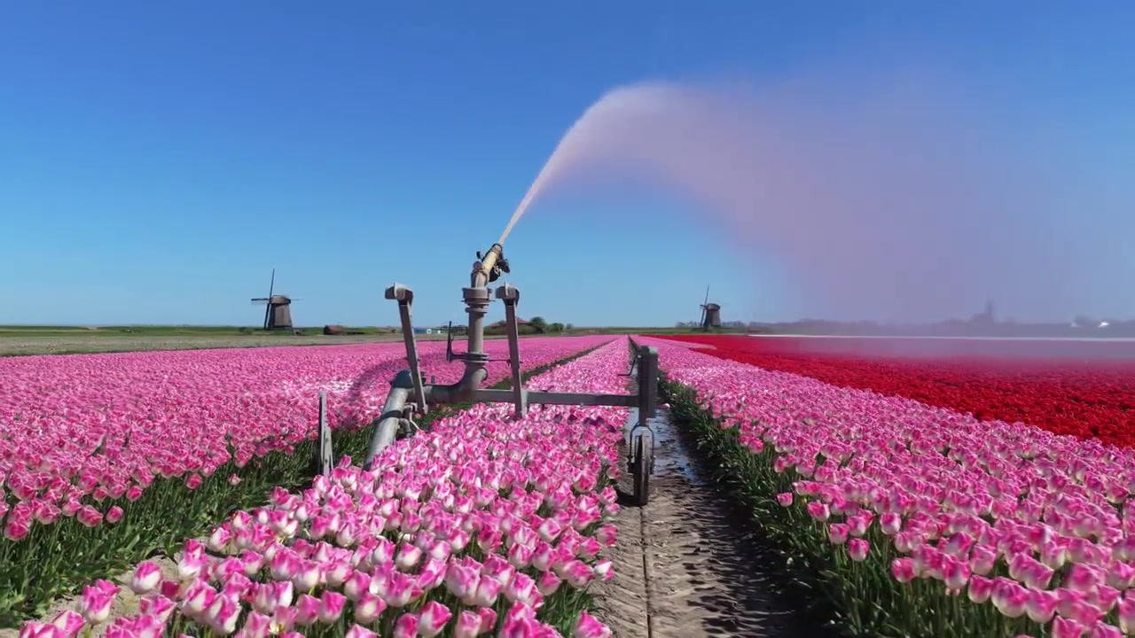 Landbrukssprinkler vanner et fargerikt tulipanfelt i Holland