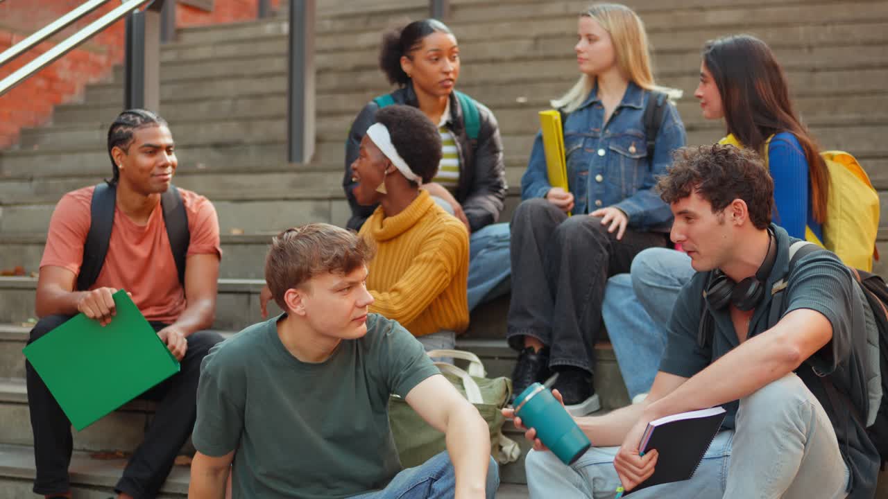 Diverse Group of Students Conversing on Stairs