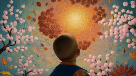 child looking at a swirling sky with blossoms and leaves