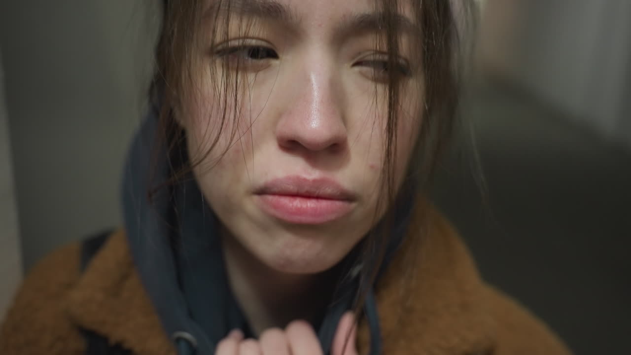 갈색 코트를 입은 슬픈 소녀가 지하 통로에 서있는 클로즈업, 그녀의 표정은 깊은 슬과 감정적 혼란을 전달하여 도시 환경에서 우울하고 반사적인 분위기를 만니다.