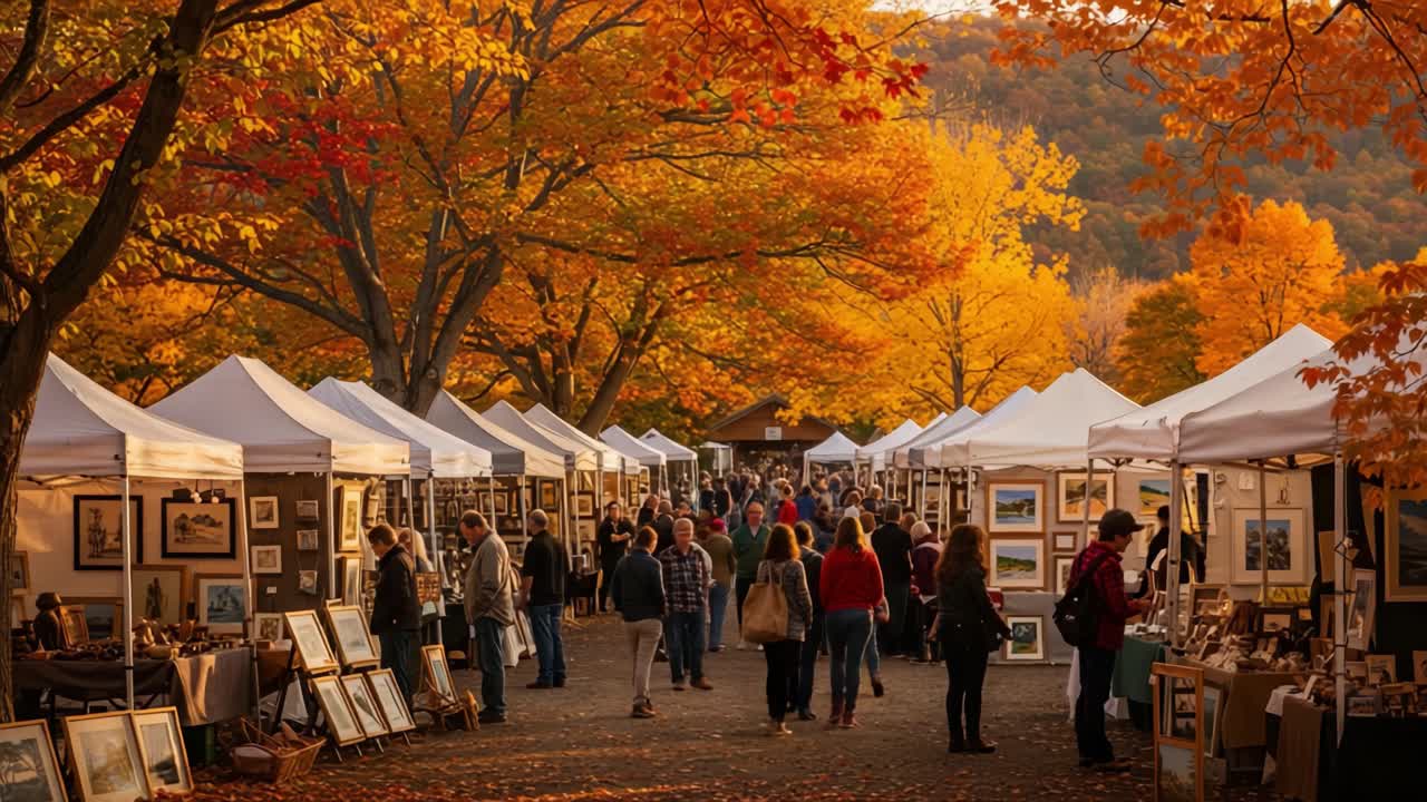 Vibrant Autumn Art Fair: A Colorful Gathering of Artists and Visitors Amidst Brilliant Fall Foliage and Bustling Booths Filled with Creative Works and Enthusiastic Support