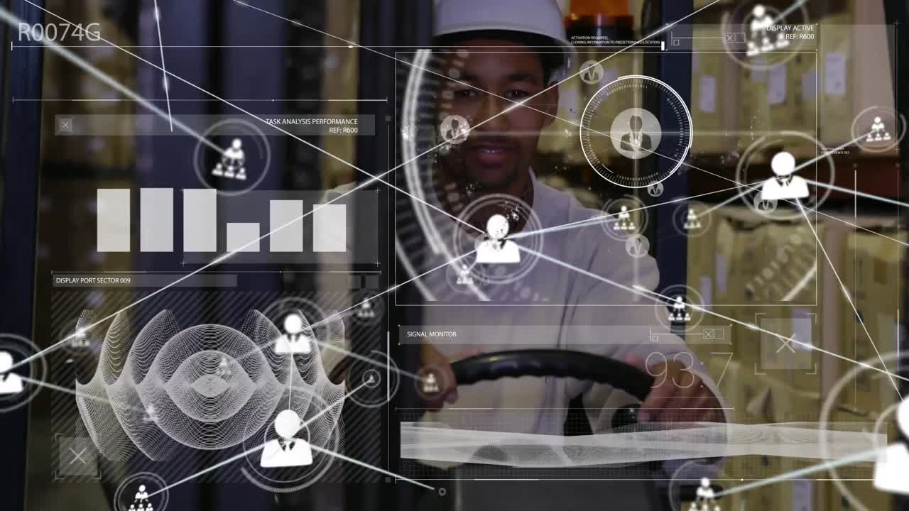 Animation of network of connections over african american male worker in warehouse