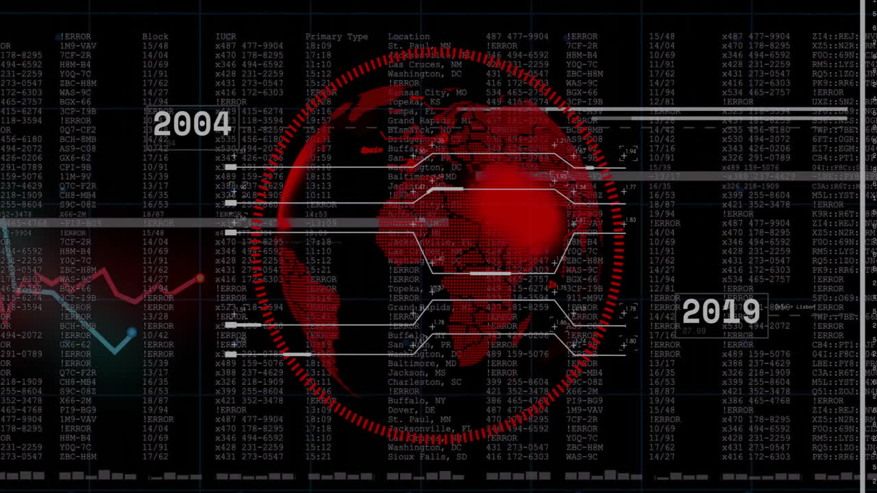Animation of red digital world map with data and graphs in school setting