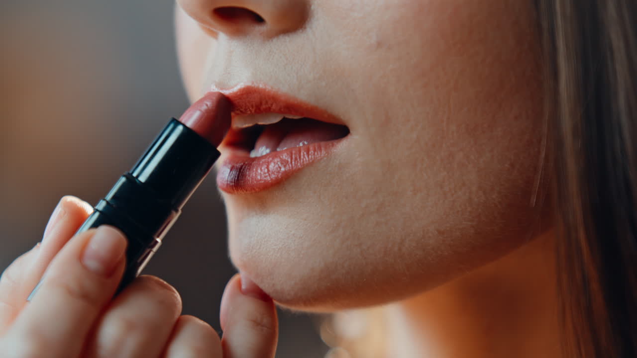 Closeup woman applying lipstick doing makeup at home. Lady painting sensual lips