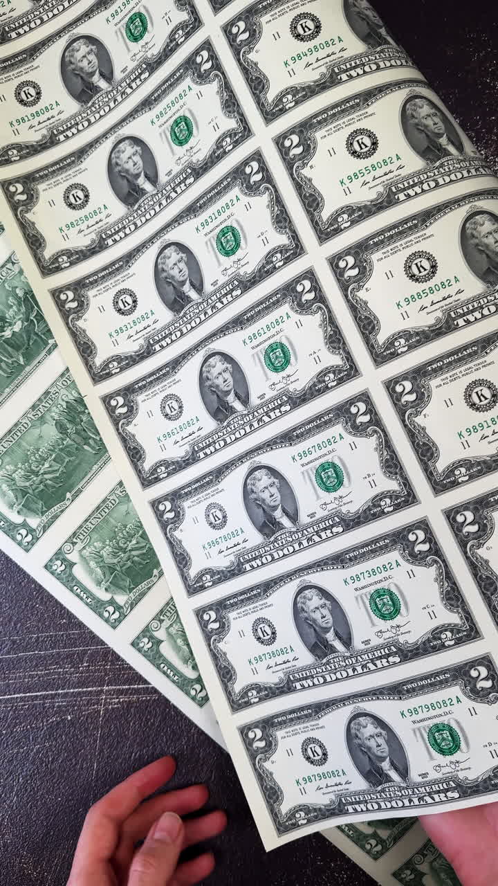 Grande foglio con banconote da due dollari con il lato dritto rivolto verso il retro. Banconote americane non tagliate. Primo piano. Video verticale.