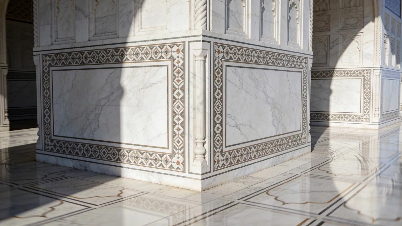 Telecamera che esegue una panoramica dopo un leggero spostamento a destra, mostrando un angolo di marmo in un padiglione con archi che muovono un'ombra.