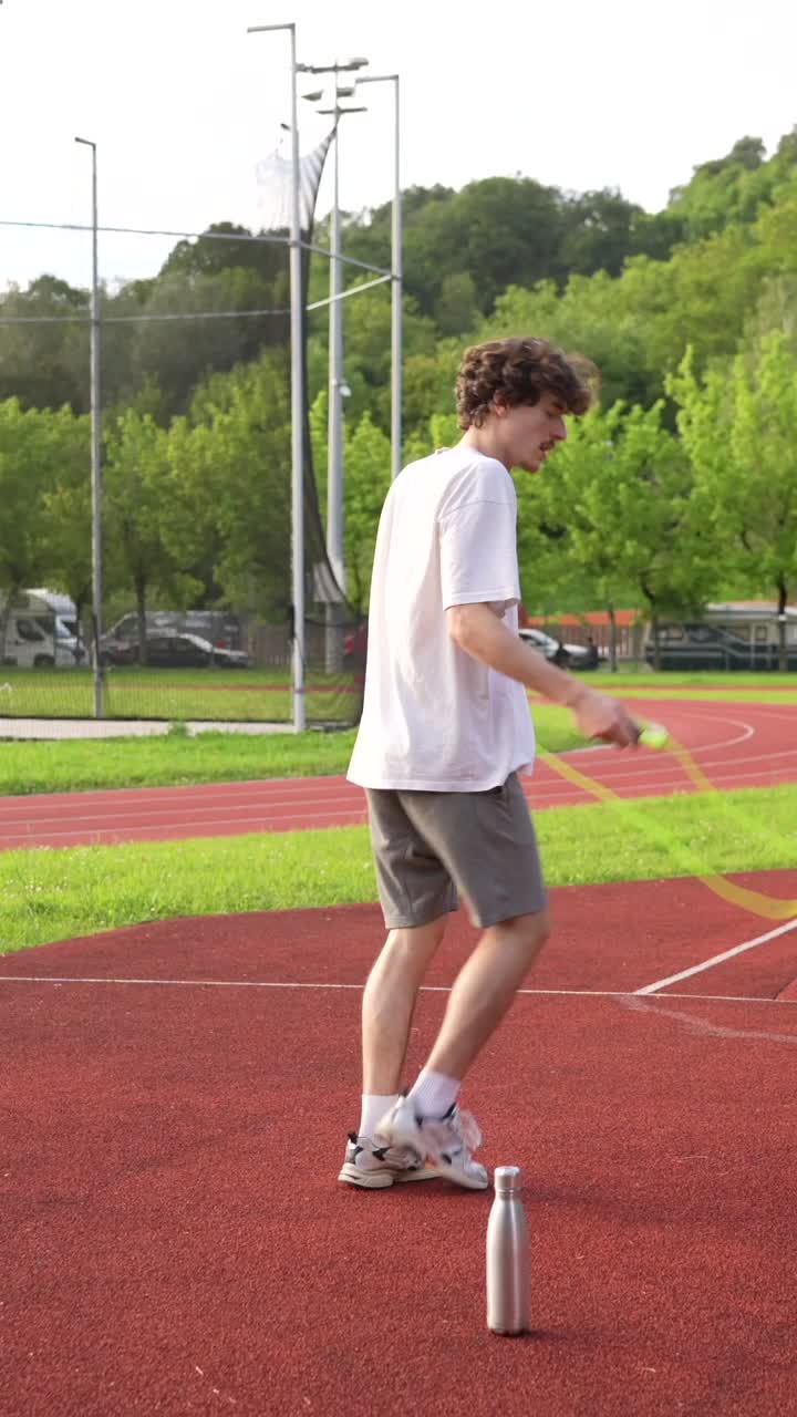Man Jumps Rope on Running Track