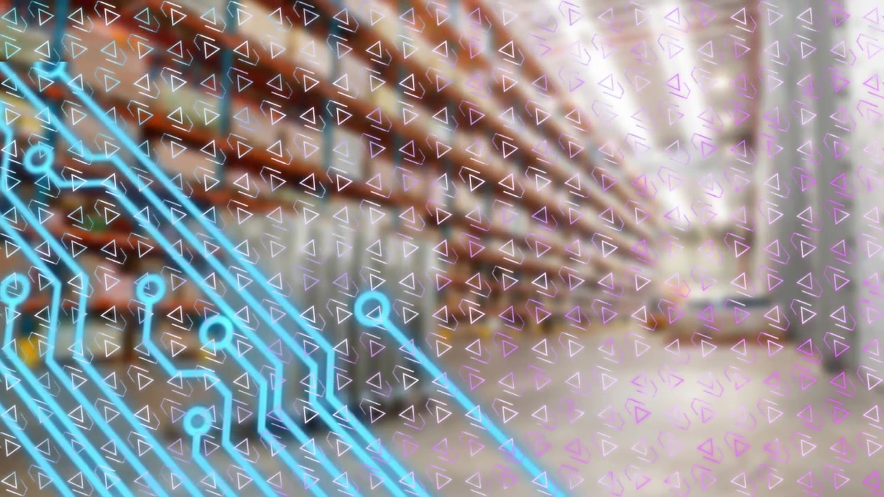 Animation of shapes and computer circuit coard over warehouse