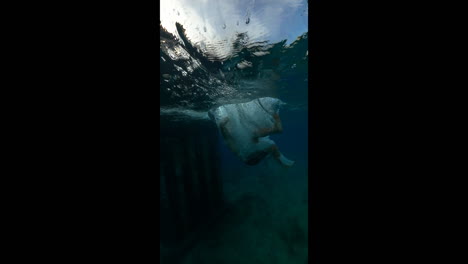 Vertical-video-of-a-man-jumping-into-the-water-from-a-rock