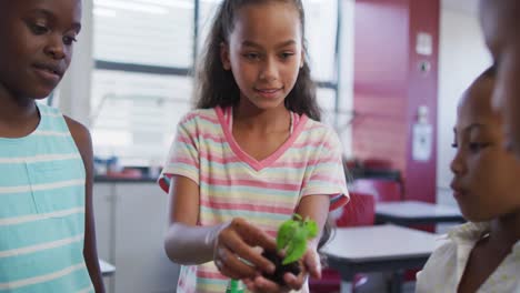 diverse group of happy schoolchildren looking after plants in classroom during nature studies lesson