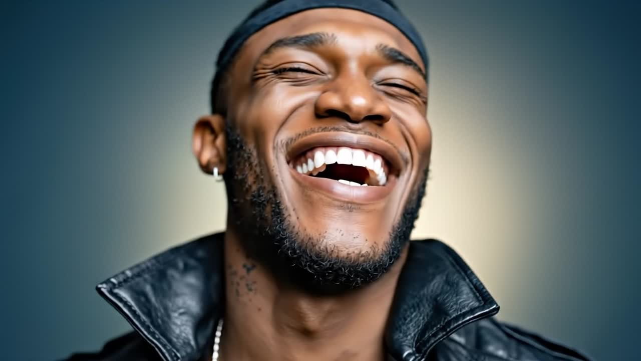 A man in a black leather jacket laughing with his eyes closed