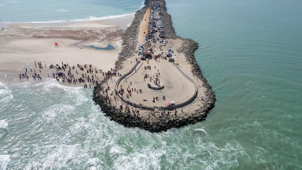 Immersive aerial drone shot capturing the untouched beauty of Dhanushkodi and the symbolic last road of India.