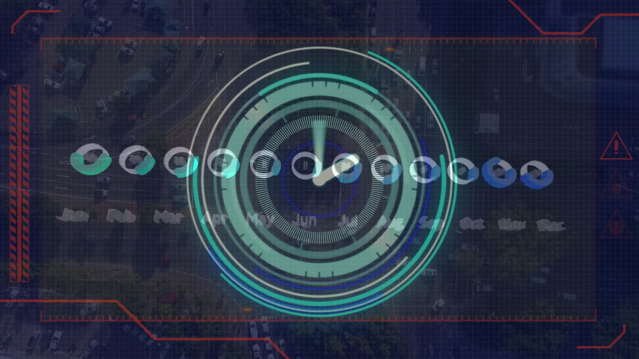 animación del reloj de neón y el procesamiento de datos del calendario sobre una vista aérea del paisaje urbano.