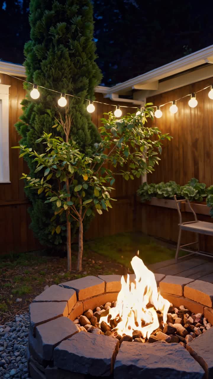 Cozy backyard with a fire pit, string lights, and wooden fence. Captured from a low angle, perfect