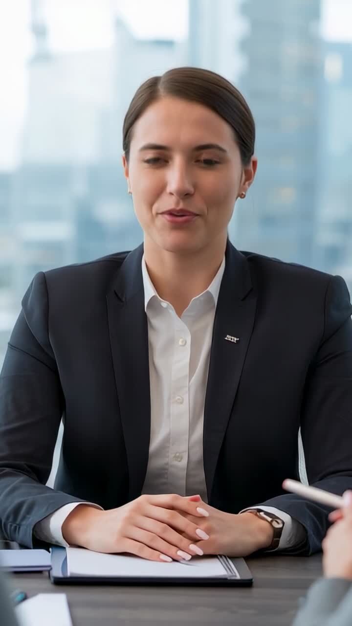 Vertical video: Gesturing woman in blazer responding to question in office, with notebook, pen