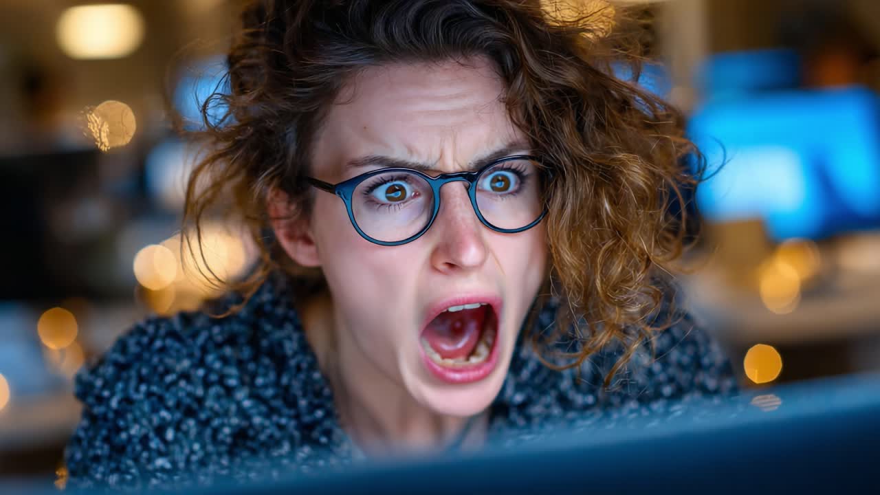 A person's intense emotional reaction, showcasing feelings of frustration and disbelief while staring at a computer screen, possibly encountering an unexpected issue or shocking content