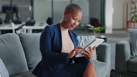 tablet, business lounge or black woman typing