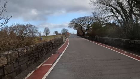 rural road in scotland with stone walls, leafless trees, and overcast skies, car pov