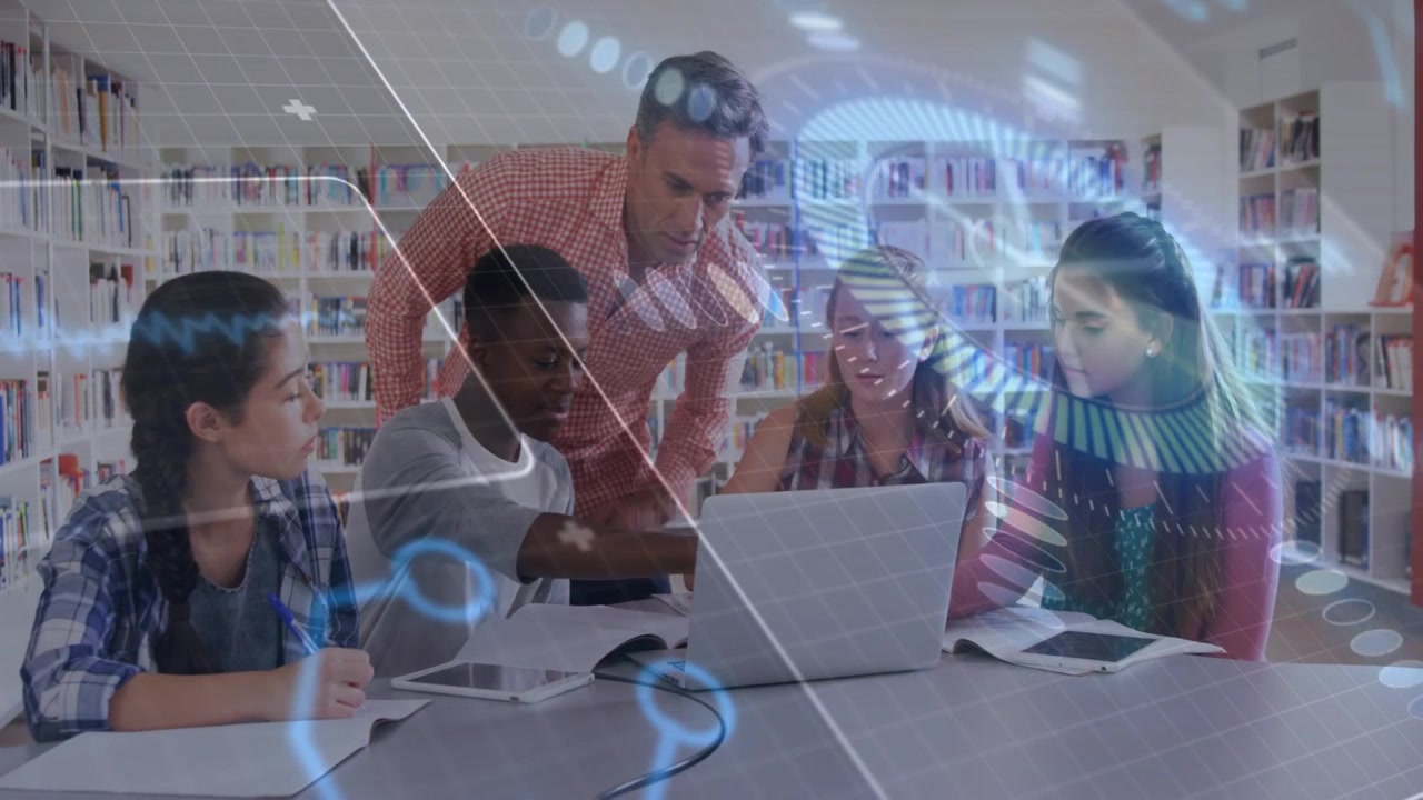 Teacher leaning over laptop and pointing, guiding students in library with blue HUD over laptop