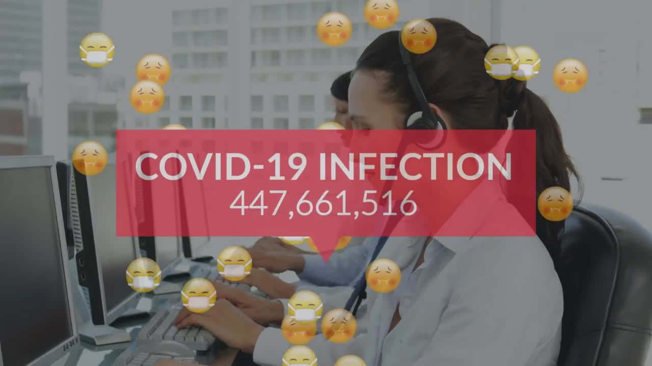 animación de emojis enfermos con máscaras faciales sobre personas de negocios que usan auriculares de teléfono