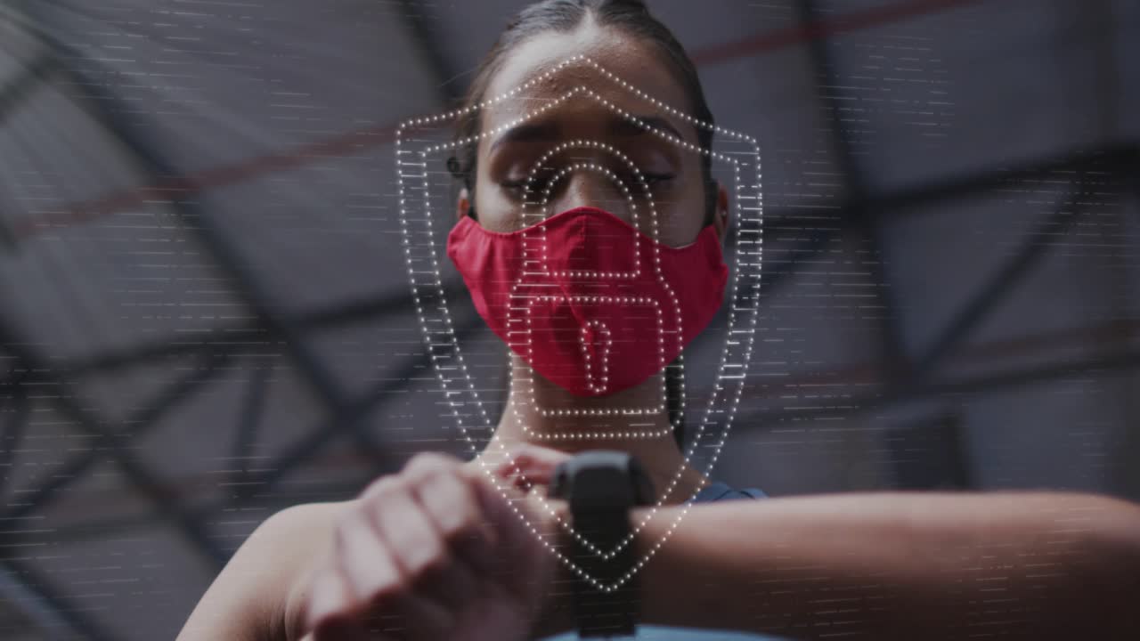 Woman tapping smartwatch in gym, initiating AR shield and padlock overlay securing fitness data