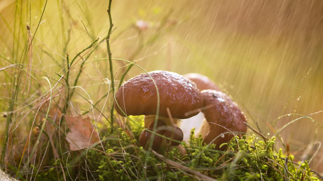Mushrooms In a Sunny forest in the rain.