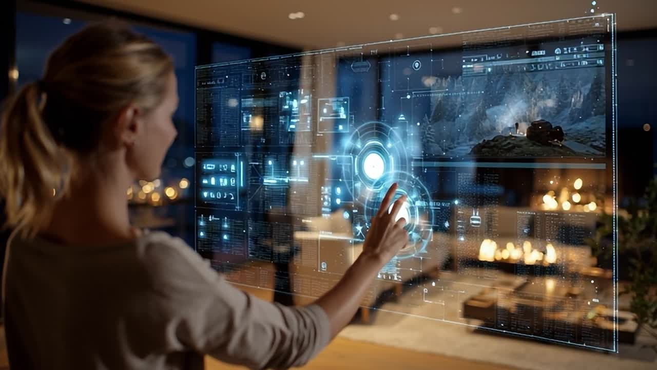 Interaction with a futuristic interface in a cozy living room