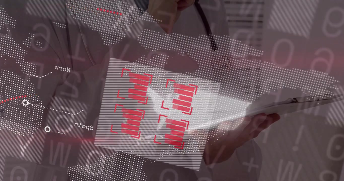Médica analisando prancheta enquanto uma sobreposição de mapa de saúde forma blocos pulsantes de matriz em escaneamento