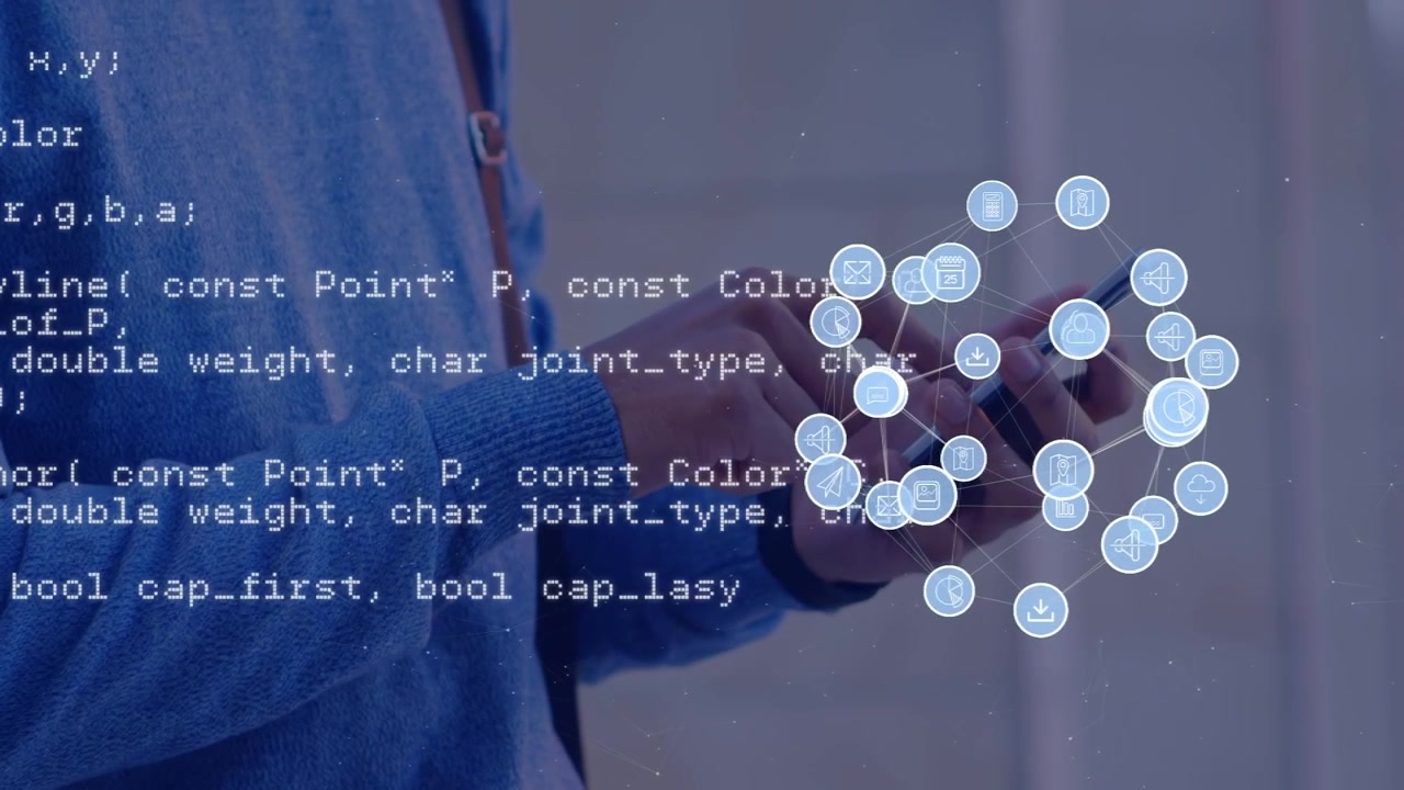 Animation of data processing over caucasian men using smartphone