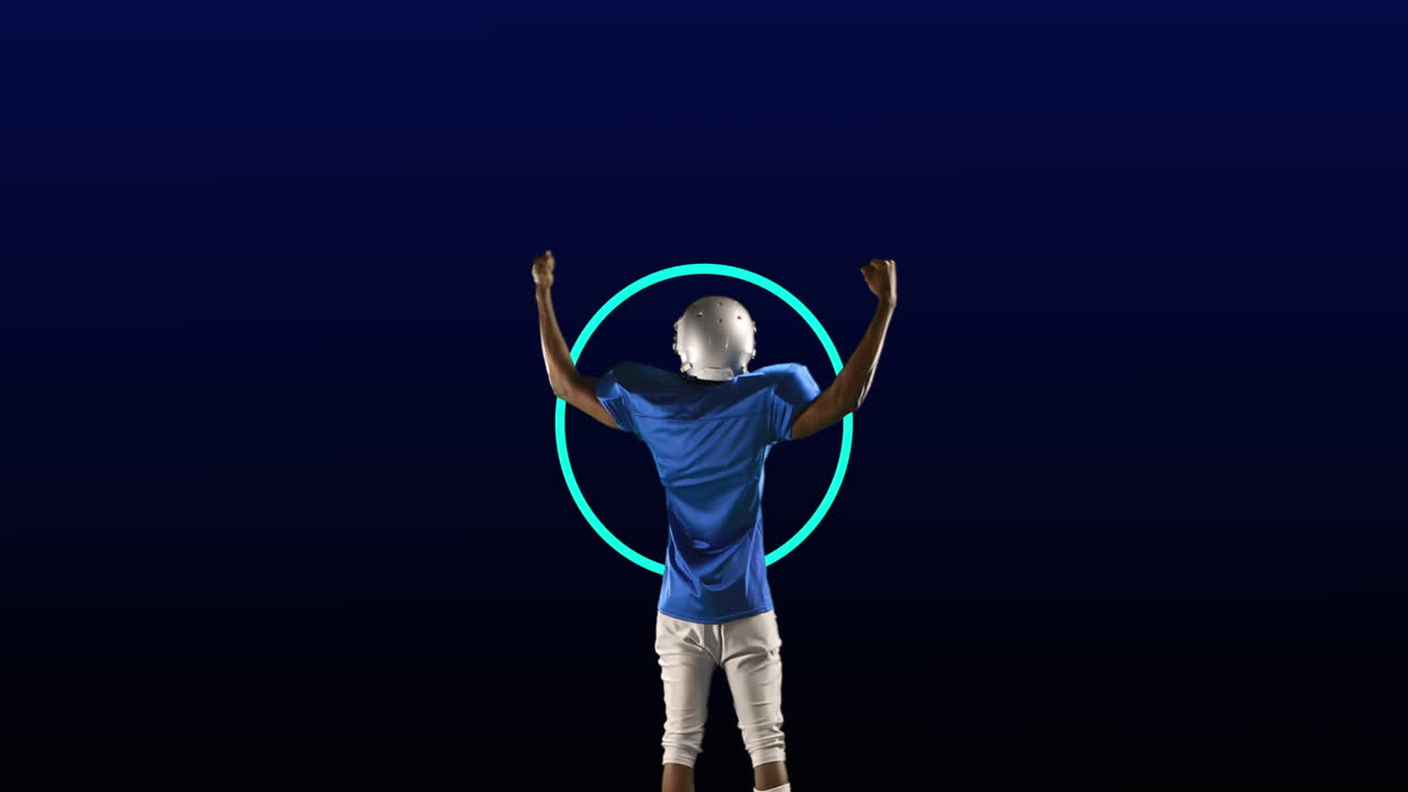 animación de la vista trasera de un jugador de fútbol americano, sobre anillos azules de neón y círculos azules en movimiento