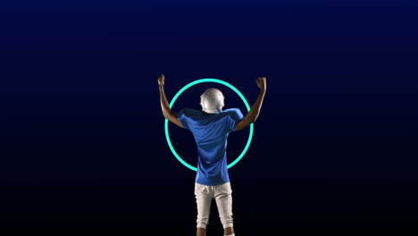 animation of rear view of american football player, over moving neon blue rings and blue circles