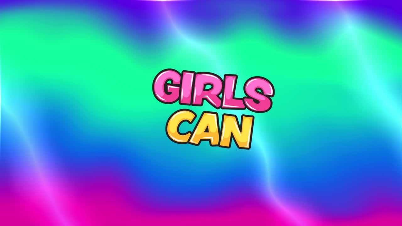 animación de niñas puede texto sobre fondo colorido